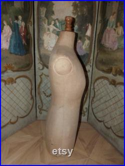 French antique mannequin dress form display wasp waist bust tailor's dummy dressform, wooden and linen display buste from France, size 44