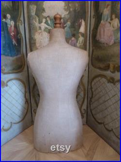 French antique mannequin dress form display wasp waist bust tailor's dummy dressform, wooden and linen display buste from France, size 44