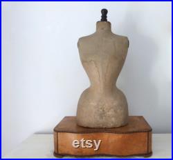 French antique mannequin dress form display wasp waist bust tailor's dummy dressform, wooden w linen display buste from France Paris size 42