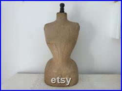 French antique mannequin dress form display wasp waist bust tailor's dummy dressform, wooden w linen display buste from France Paris size 42