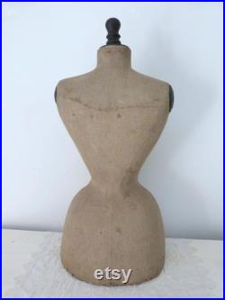 French antique mannequin dress form display wasp waist bust tailor's dummy dressform, wooden w linen display buste from France Paris size 42