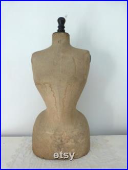 French antique mannequin dress form display wasp waist bust tailor's dummy dressform, wooden w linen display buste from France Paris size 42