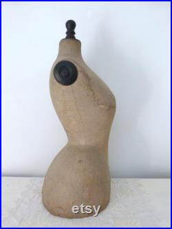 French antique mannequin dress form display wasp waist bust tailor's dummy dressform, wooden w linen display buste from France Paris size 42