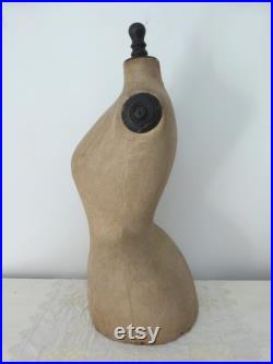 French antique mannequin dress form display wasp waist bust tailor's dummy dressform, wooden w linen display buste from France Paris size 42