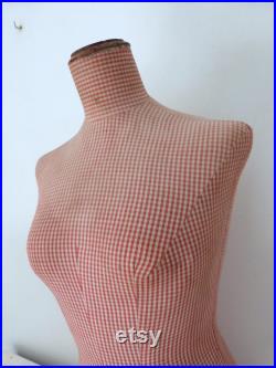 French antique mannequin dress form display wasp waist bust tailor's dummy dressform, wooden w red vichy fabric display buste from Paris