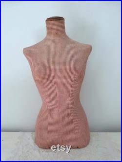 French antique mannequin dress form display wasp waist bust tailor's dummy dressform, wooden w red vichy fabric display buste from Paris