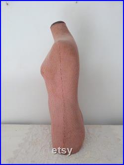 French antique mannequin dress form display wasp waist bust tailor's dummy dressform, wooden w red vichy fabric display buste from Paris