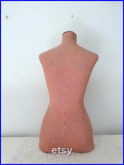 French antique mannequin dress form display wasp waist bust tailor's dummy dressform, wooden w red vichy fabric display buste from Paris