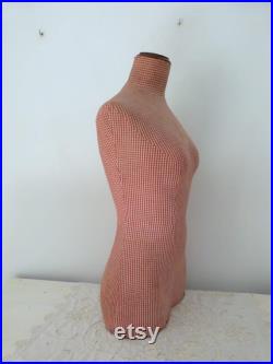 French antique mannequin dress form display wasp waist bust tailor's dummy dressform, wooden w red vichy fabric display buste from Paris