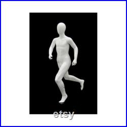 Full Body Boy Child Egg Head Glossy White Kids Athletic Running Pose Mannequin with Base RBT02