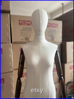Full Body Natural Linen Dark Wooden Articulated Arms Female Mannequin Dress Form Daria