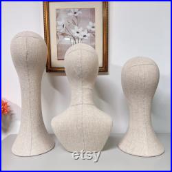 Fully Pinnable Linen Mannequin Head Form,Vintage Mannequin Head Stand With Hair,Headband Wig Hat Jewelry Display Head Dummy Dress Form Props