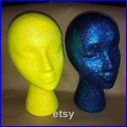 Glitter and Sparkle wig head for decorative purposes, holding wigs, or salon decorations. Any color you'd like.