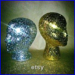 Glitter and Sparkle wig head for decorative purposes, holding wigs, or salon decorations. Any color you'd like.