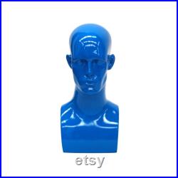 Glossy Blue Adult Male Fiberglass Mannequin Display Head with Facial Features and Ears ERABLUE