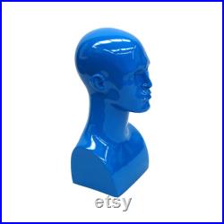 Glossy Blue Adult Male Fiberglass Mannequin Display Head with Facial Features and Ears ERABLUE