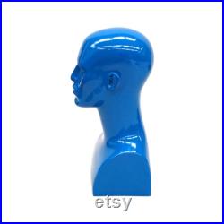 Glossy Blue Adult Male Fiberglass Mannequin Display Head with Facial Features and Ears ERABLUE