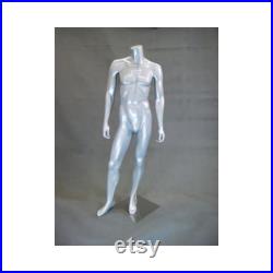 Glossy Silver Male Headless Fiberglass Standing Mannequin with Round Metal Base MA2BS