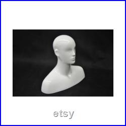 Glossy White Adult Male Fiberglass Abstract Mannequin Head Display with Upper Bust MXDGW
