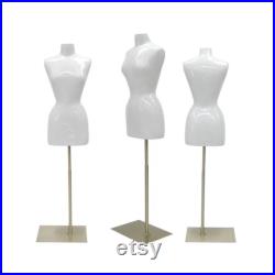 Glossy White Fiberglass Adult Female Torso Mannequin Size 6-8 Dress Form with Base FF6 8W1