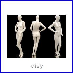 Glossy White Full Body Adult Female Abstract Fiberglass Mannequin with Metal Base Fashionably Posed