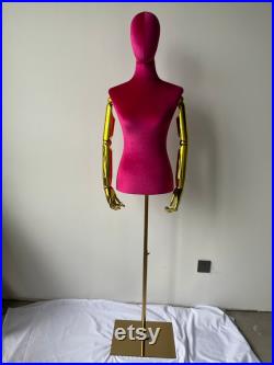 Gold Adjustable Base Gold Articulated Arms Hot Pink Velvet Mannequins Female Dress Form Emily