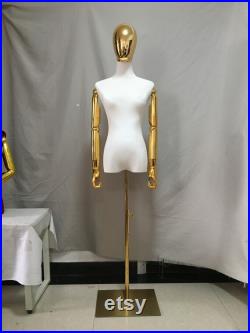 Gold Chrome Mannequin Head Gold Arms Gold Adjustable Base White Velvet Female Dress Form Maria