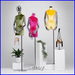 Half Body Female Display Dress Form,Adjustable Velvet Fabric Mannequin Torso,Plate Mannequin Hand Silver Chrome Gold Mannequin Head For Wigs