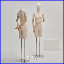 Half Body Female Display Mannequin Torso With Base,Wedding Dress Mannequin Grey Linen Dress Form,Hat Display Head Clothing Display Model