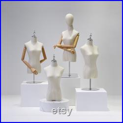Half Body Female Dress Form Mannequin,Women Natural Canvas Mannequin Torso,Clothing Store Display Model,Manikin Head For Wig Hat Holder