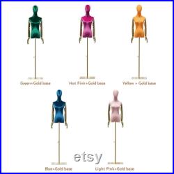 Half Body Female Mannequin Torso Display Dress Form,Colorful Velvet Mannequin Torso Model,Gold Square Base Gold Flexible Arms Head Manikin