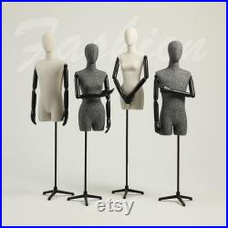 Half Body Male Female Dress Form Torso,Natural Linen Fabric Covered Mannequin,Women Men Clothing Display Mannequin Torso With Wooden Arms