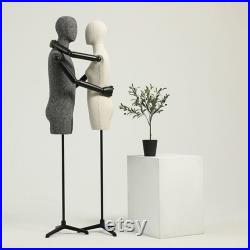 Half Body Male Female Dress Form Torso,Natural Linen Fabric Covered Mannequin,Women Men Clothing Display Mannequin Torso With Wooden Arms