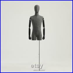 Half Body Male Female Dress Form Torso,Natural Linen Fabric Covered Mannequin,Women Men Clothing Display Mannequin Torso With Wooden Arms