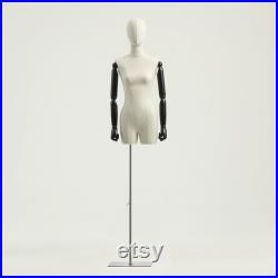 Half Body Male Female Dress Form Torso,Natural Linen Fabric Covered Mannequin,Women Men Clothing Display Mannequin Torso With Wooden Arms