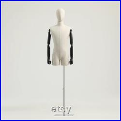 Half Body Male Female Dress Form Torso,Natural Linen Fabric Covered Mannequin,Women Men Clothing Display Mannequin Torso With Wooden Arms