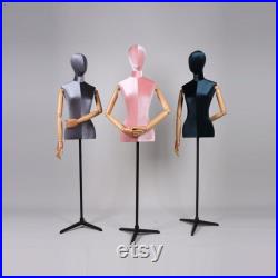 Half Body Velvet Display Mannequin Torso Female, Velvet Fabric Display Dress form Model for Boutique Display,Manikin Torso with Flexible Arm