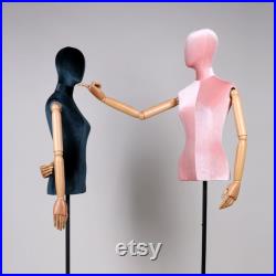 Half Body Velvet Display Mannequin Torso Female, Velvet Fabric Display Dress form Model for Boutique Display,Manikin Torso with Flexible Arm