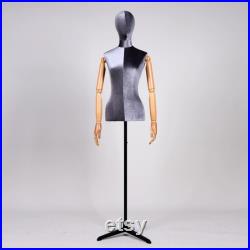 Half Body Velvet Display Mannequin Torso Female, Velvet Fabric Display Dress form Model for Boutique Display,Manikin Torso with Flexible Arm