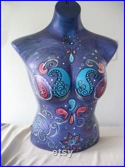 Hand Painted Mannequin, Bust, Paisley, Colorful, Purple, Fuschia, Blue, Clothing Jewelry Display, Art, Bust to Waist, Whimsical Art