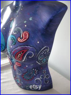 Hand Painted Mannequin, Bust, Paisley, Colorful, Purple, Fuschia, Blue, Clothing Jewelry Display, Art, Bust to Waist, Whimsical Art