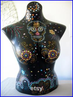 Hand Painted Mannequin, Bust, Skull, Dot Art, Colorful, Black, Clothing Jewelry Display, Art, Mandela Art, Bust to Waist, Day of the Dead