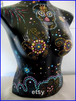 Hand Painted Mannequin, Bust, Skull, Dot Art, Colorful, Black, Clothing Jewelry Display, Art, Mandela Art, Bust to Waist, Day of the Dead