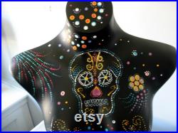 Hand Painted Mannequin, Bust, Skull, Dot Art, Colorful, Black, Clothing Jewelry Display, Art, Mandela Art, Bust to Waist, Day of the Dead