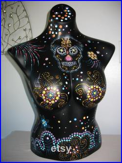 Hand Painted Mannequin, Bust, Skull, Dot Art, Colorful, Black, Clothing Jewelry Display, Art, Mandela Art, Bust to Waist, Day of the Dead