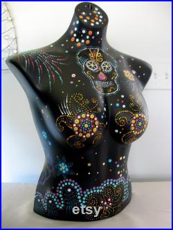 Hand Painted Mannequin, Bust, Skull, Dot Art, Colorful, Black, Clothing Jewelry Display, Art, Mandela Art, Bust to Waist, Day of the Dead