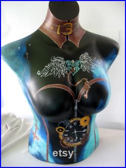 Hand Painted Mannequin, Bust, Steampunk Art, Gears, Clock, Leather, Clothing Jewelry Display, Art, Bust to Waist,