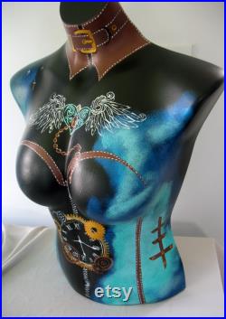 Hand Painted Mannequin, Bust, Steampunk Art, Gears, Clock, Leather, Clothing Jewelry Display, Art, Bust to Waist,