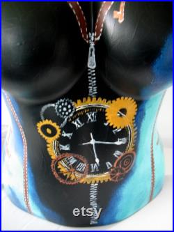 Hand Painted Mannequin, Bust, Steampunk Art, Gears, Clock, Leather, Clothing Jewelry Display, Art, Bust to Waist,