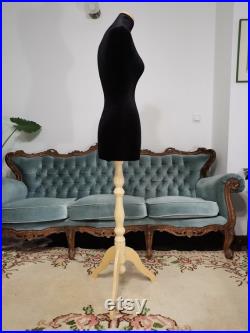 Handmade Black Velvet Female Mannequin Torso- Paper mache Dress Form- French Inspired- Fashionable Display Organizer- Pinnable- Tailor Dummy